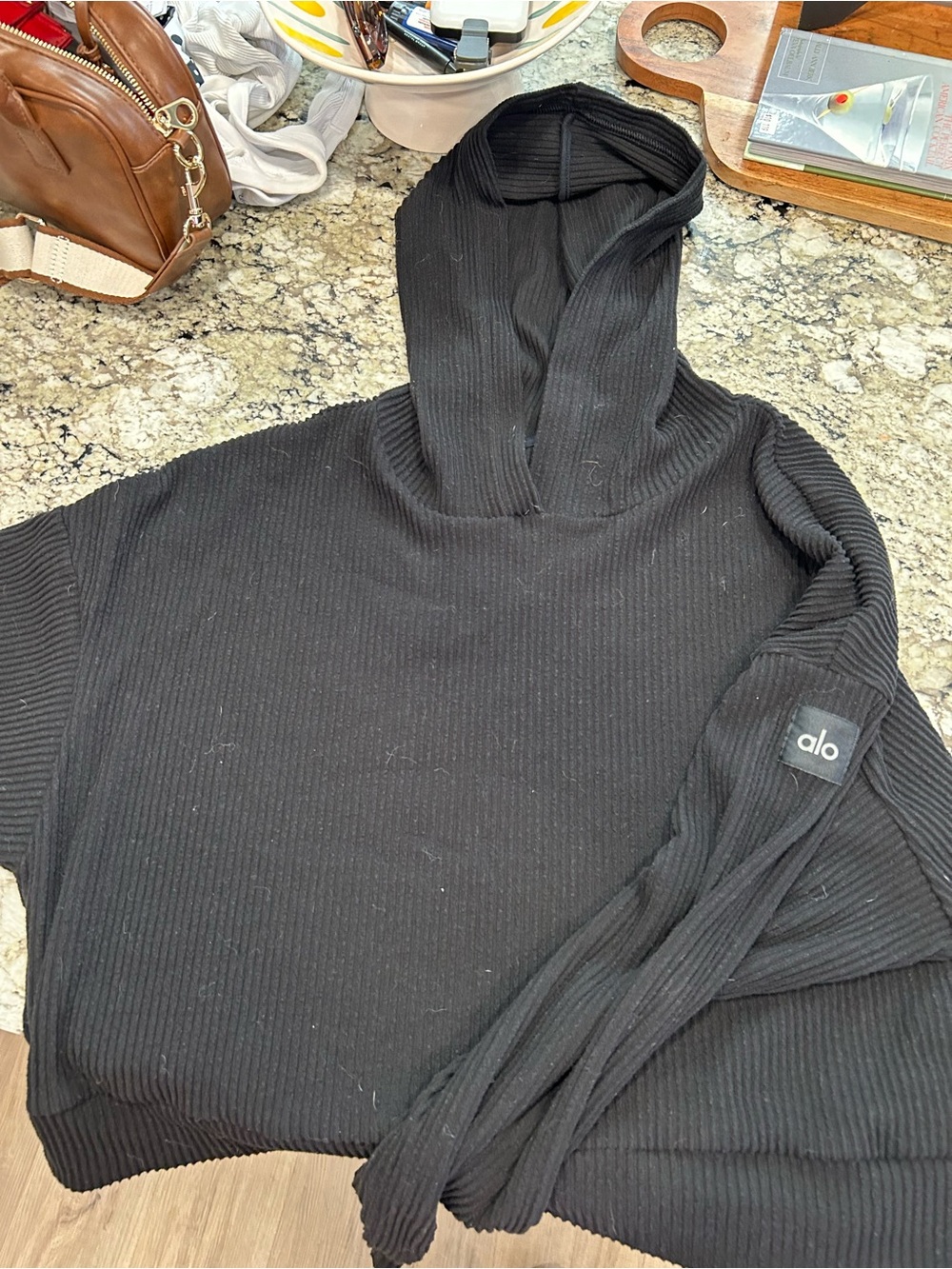 ALO Yoga Black Ribbed Zip-Up Hoodie Sweater